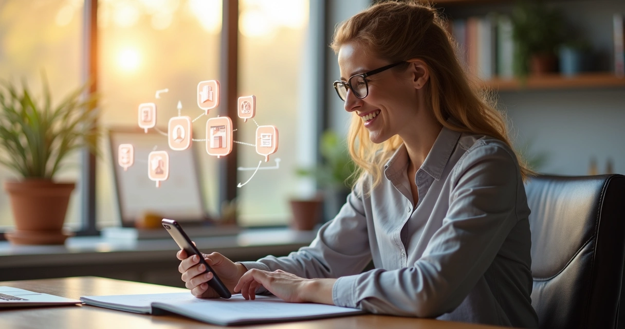 Cliente sorrindo usando celular e notebook para atendimento digital 