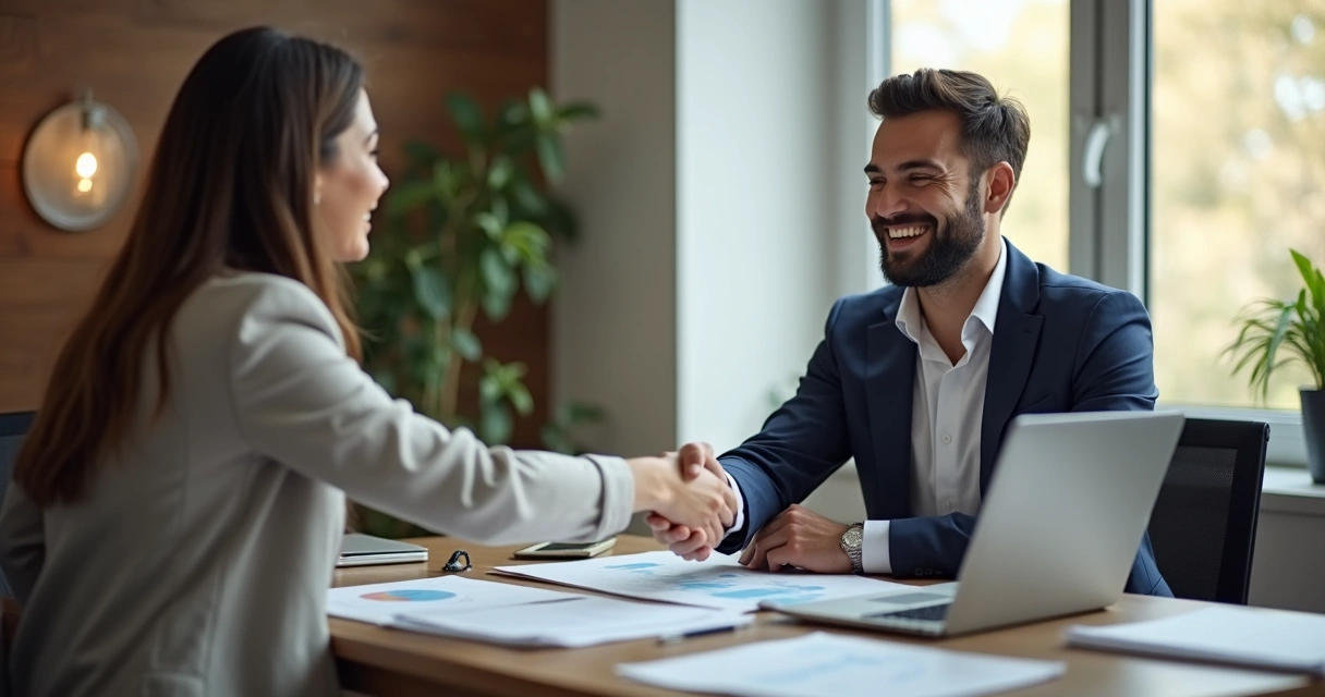 Cliente satisfeito apertando a mão de consultor em escritório moderno 