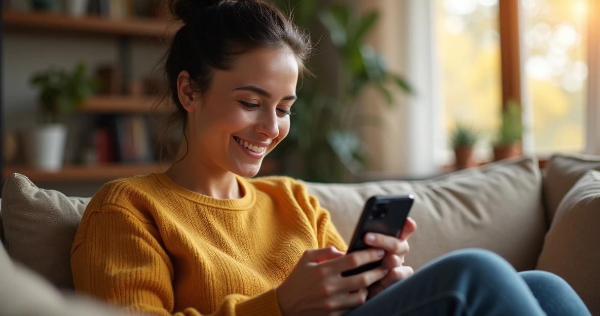 Cliente feliz visualizando crédito aprovado no celular 