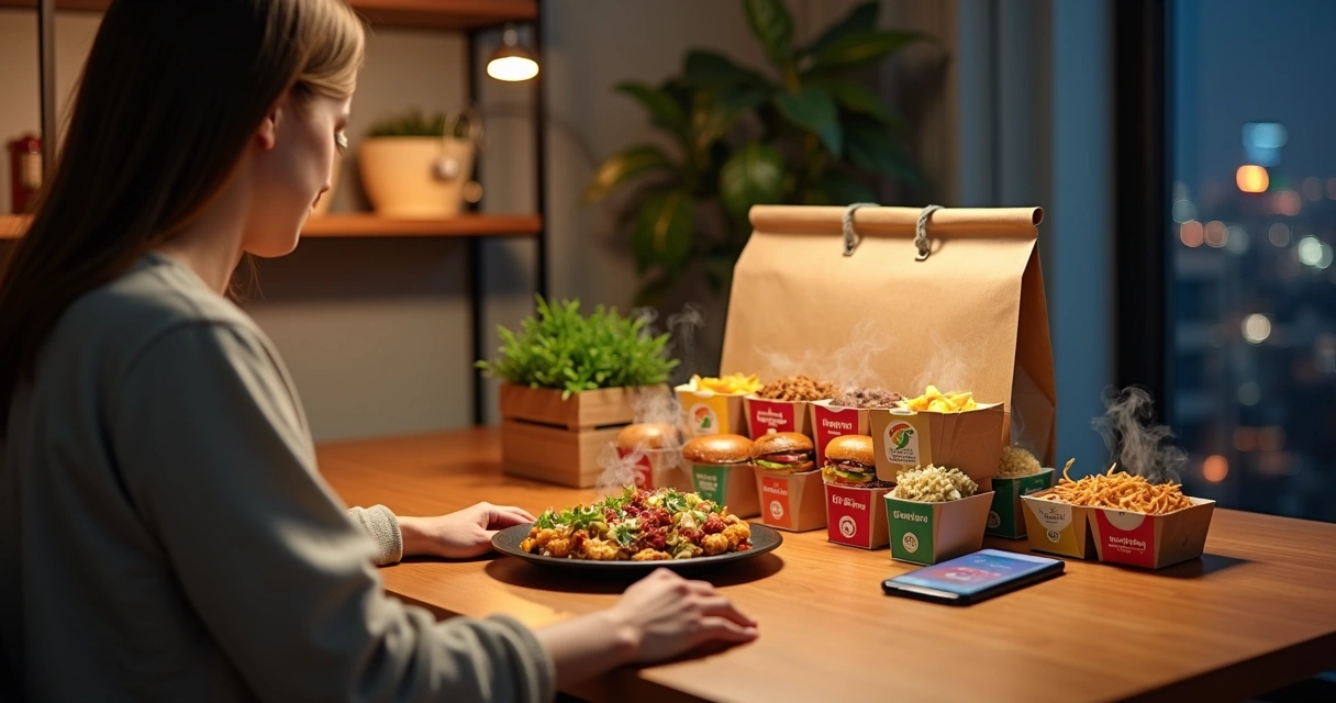 Cliente abrindo sacola de delivery bem organizada na mesa de casa 