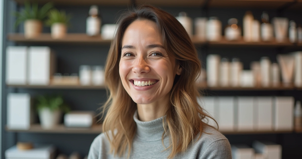 Cliente sorrindo ao dar depoimento em loja virtual