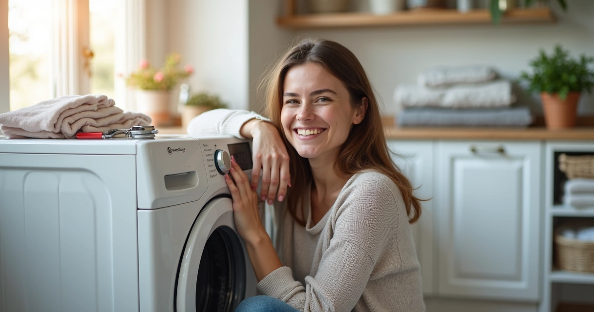 Cliente sorrindo ao lado de eletrodoméstico consertado 