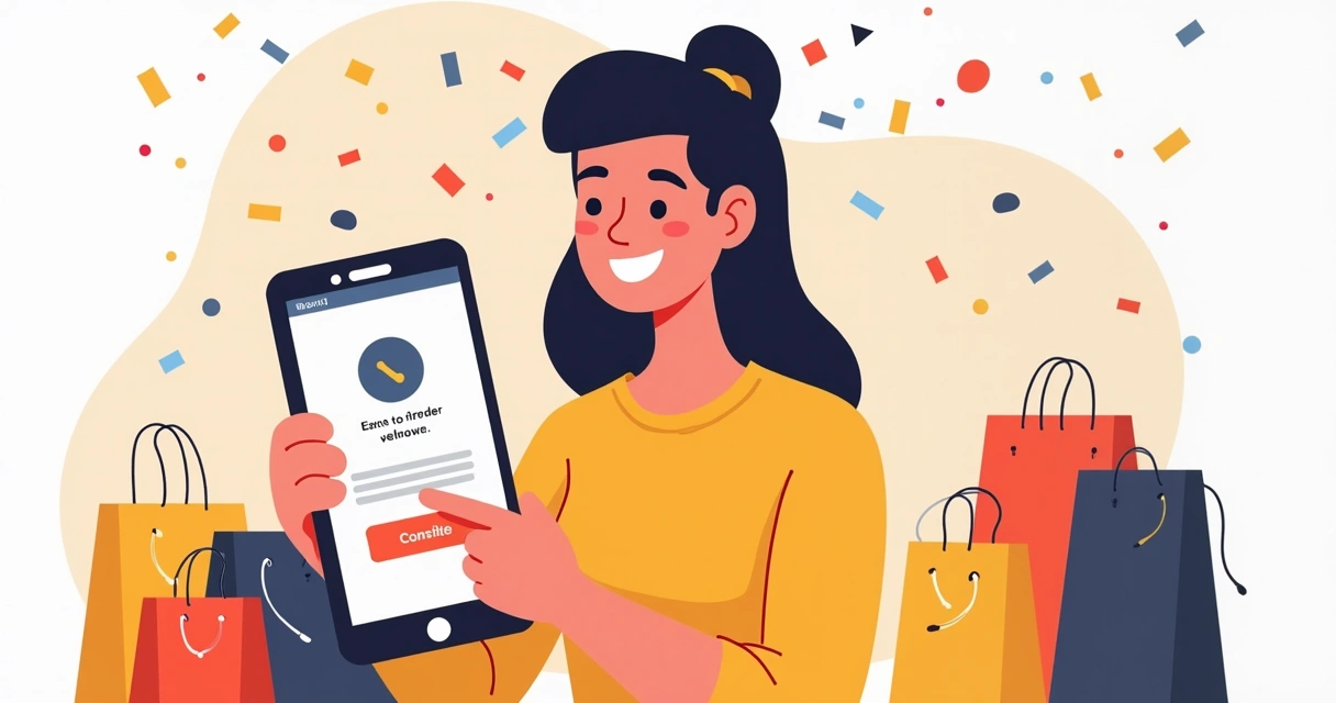 Comprador sorrindo depois de finalizar pedido online pelo celular, tela mostra confirmação na loja. 