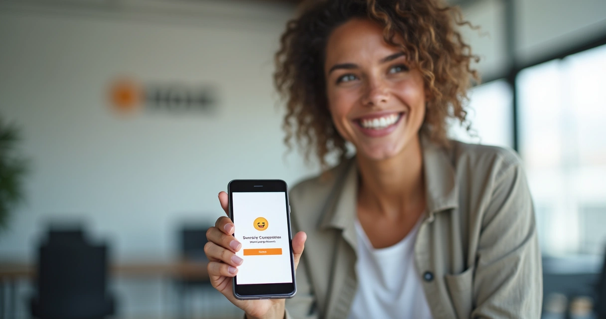 Cliente sorrindo segurando celular, recebendo mensagem positiva sobre experiência