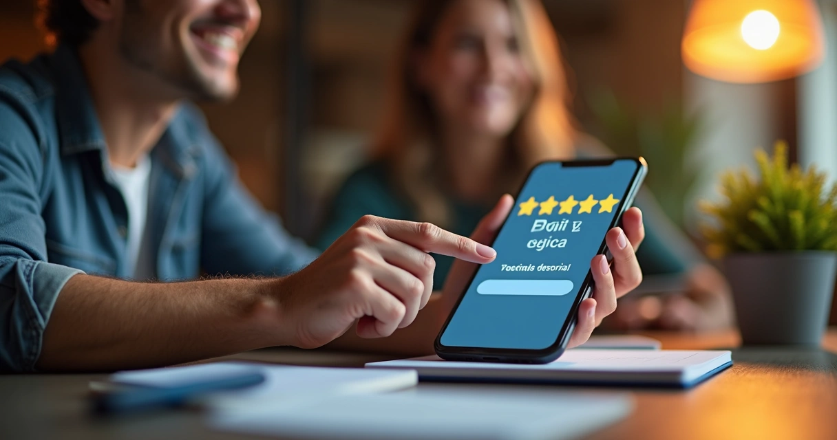 Cliente satisfeito avaliando positivamente serviço digital 