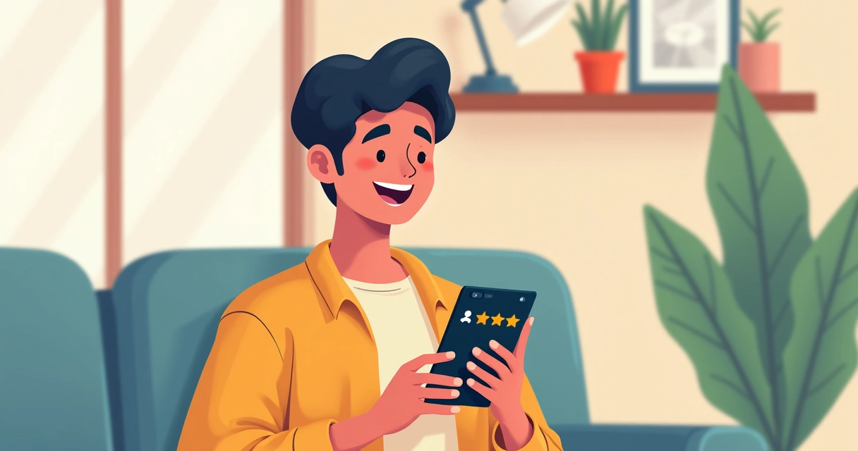 Cliente sorrindo após atendimento online, mostrando avaliação positiva em seu celular. 