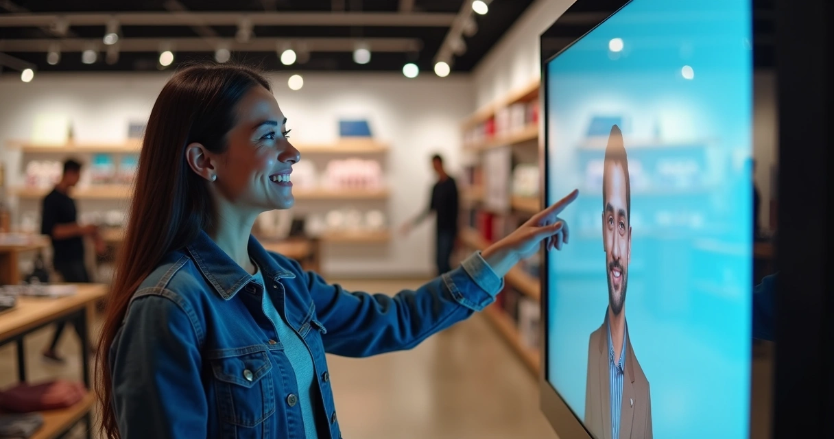 Cliente satisfeito atendido por IA em loja 