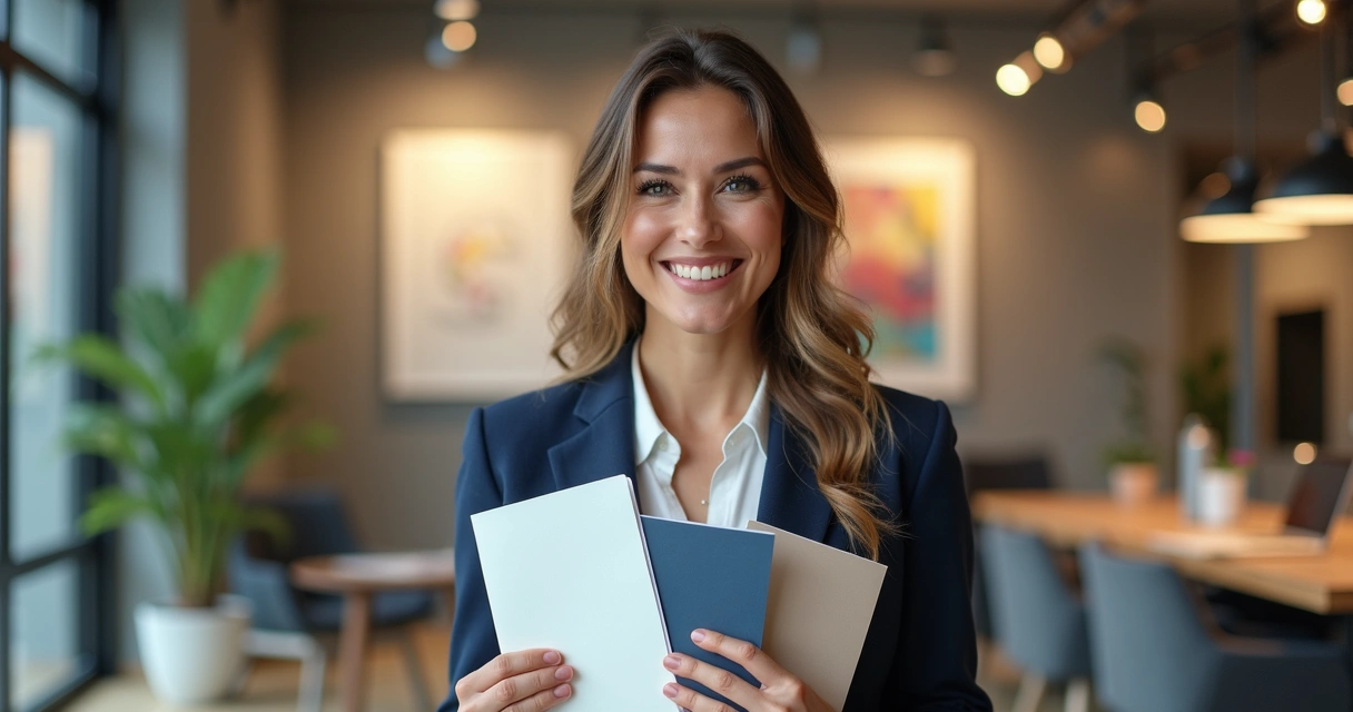 Empresária satisfeita mostrando material de identidade visual personalizada 