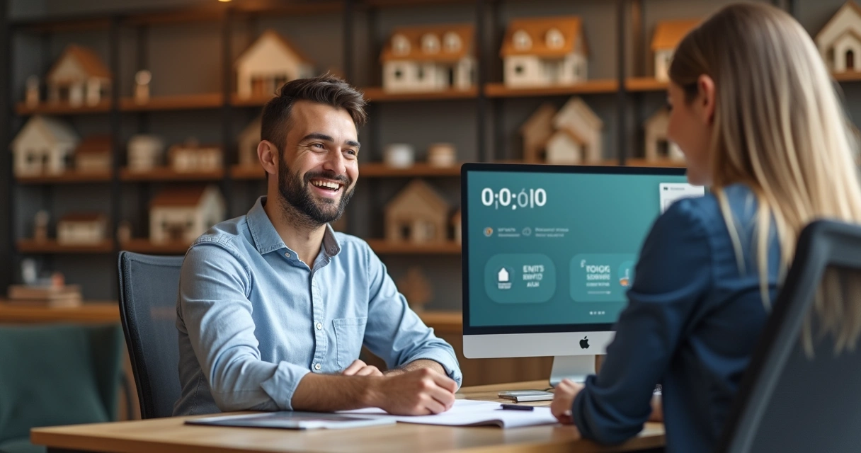 Cliente sorridente sendo atendido com rapidez por corretor de imóveis 