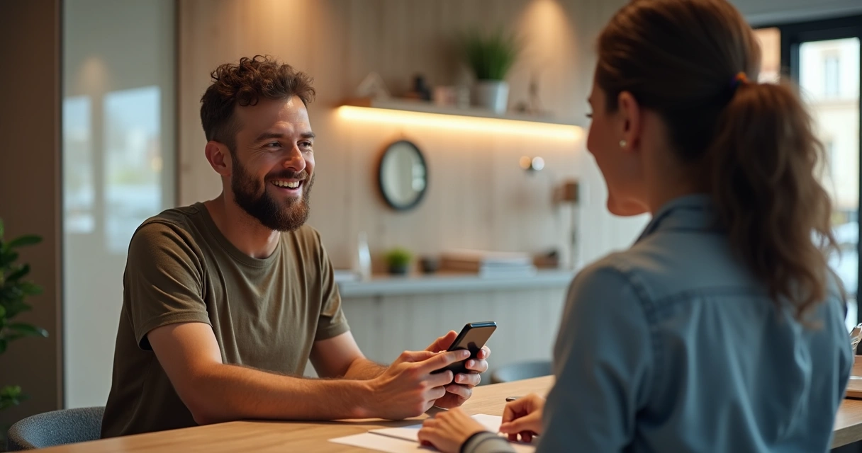 Cliente feliz recebendo chave após assinar contrato digital 