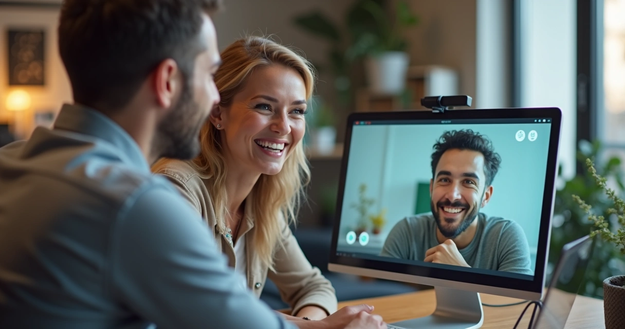 Cliente feliz no escritório indicando um serviço para dois amigos por videochamada