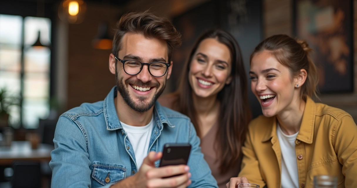 Cliente satisfeito recomendando empresa para amigos usando celular 