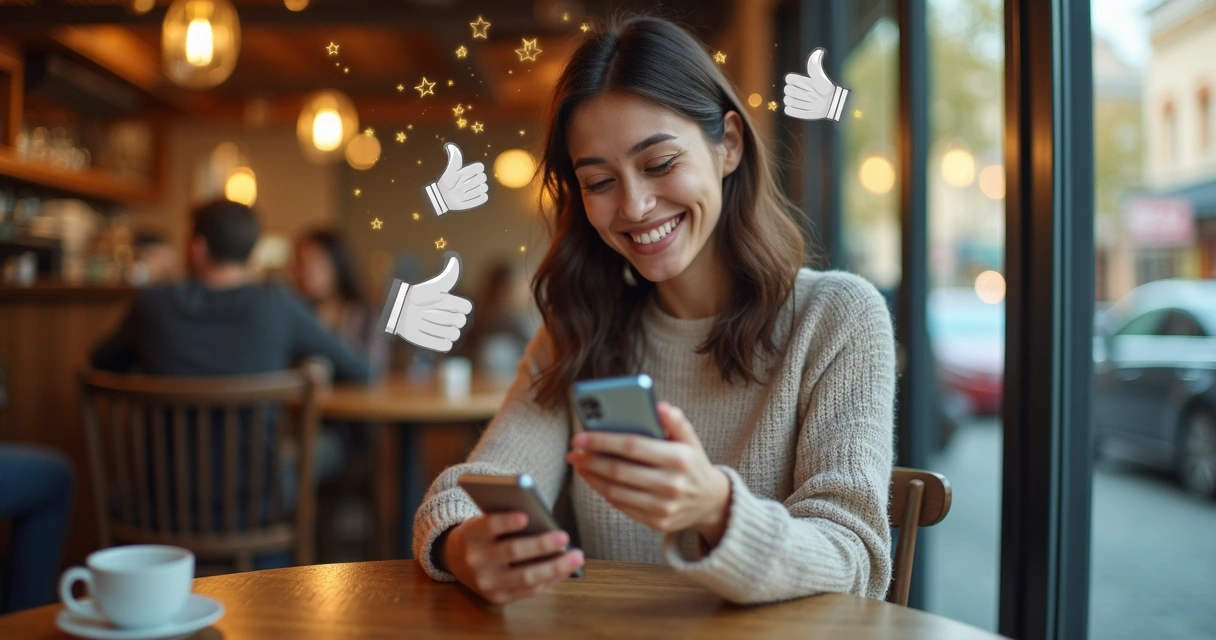 Cliente satisfeito recomendando produto pelo celular 