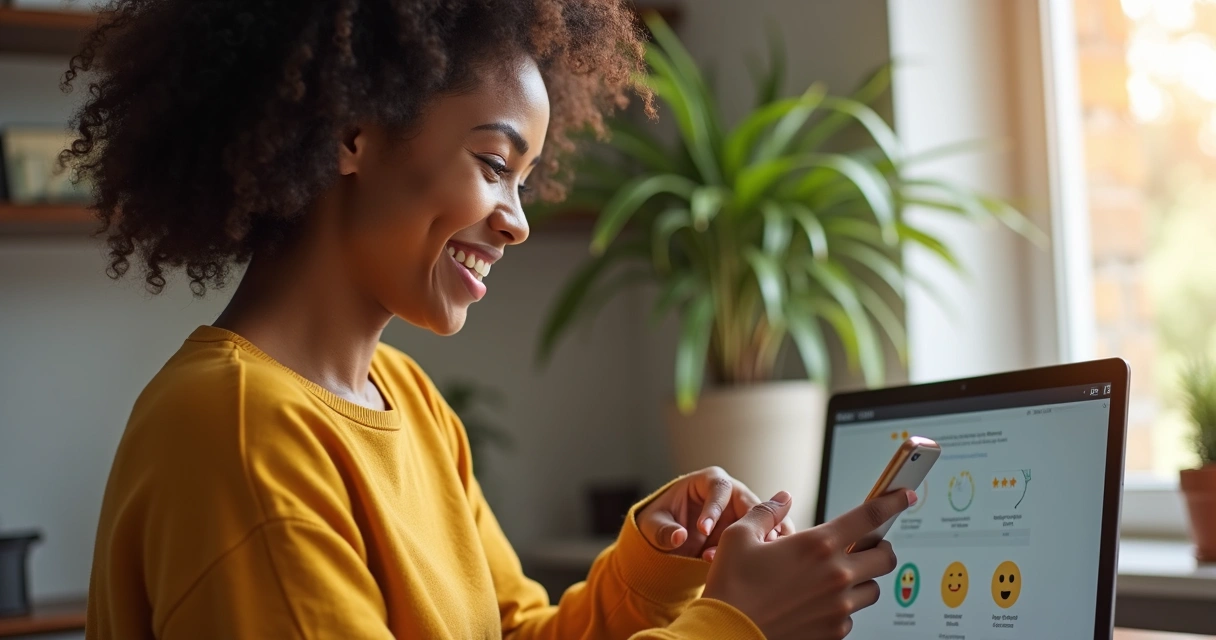 Cliente sorridente usando aplicativo em smartphone com tela de avaliação por emoticons 
