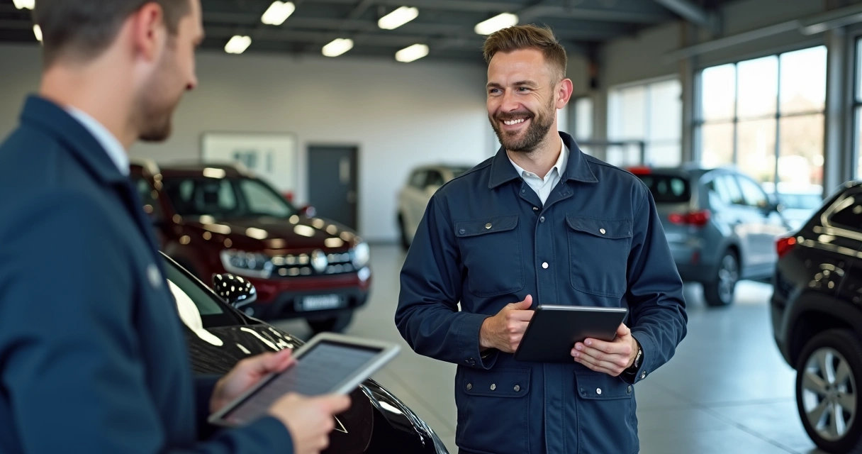 Cliente satisfeito recebendo explicação de mecânico após manutenção no carro
