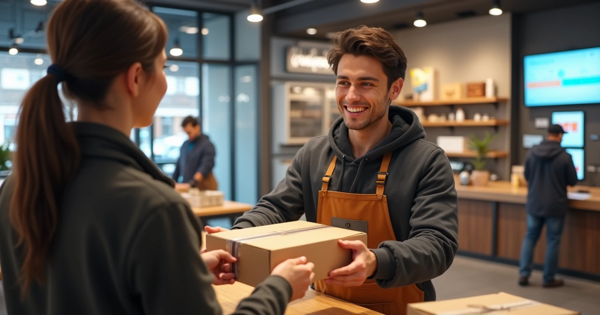 Cliente recebendo produto na loja após compra online 