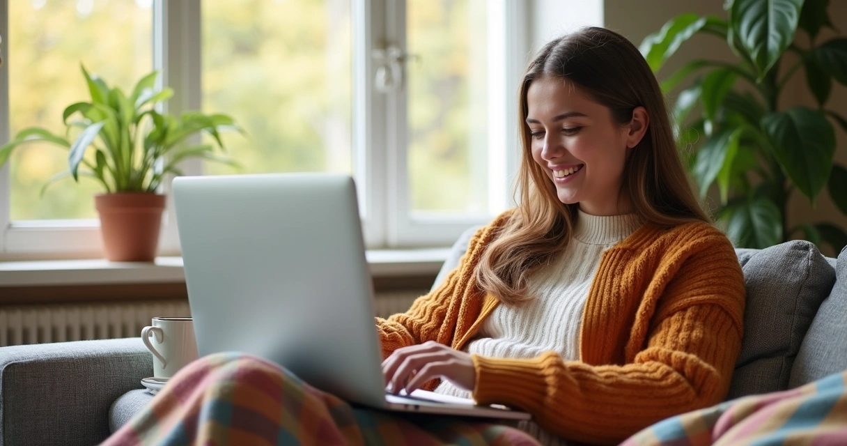 Cliente sorrindo usando notebook em casa 