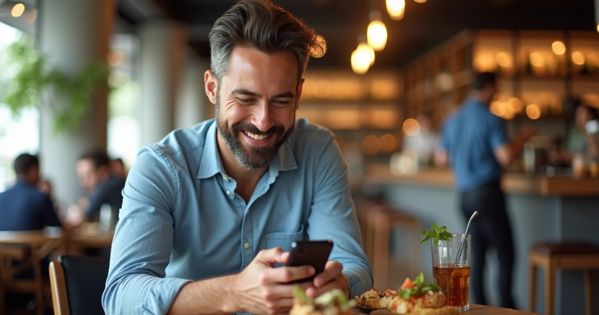 Cliente lendo oferta personalizada no restaurante 