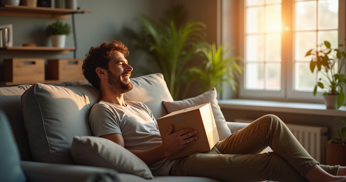 Cliente sorridente abrindo caixa de compra em casa 