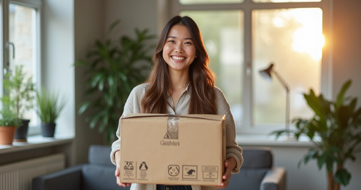 Cliente sorrindo recebe pacote reciclado de e-commerce 