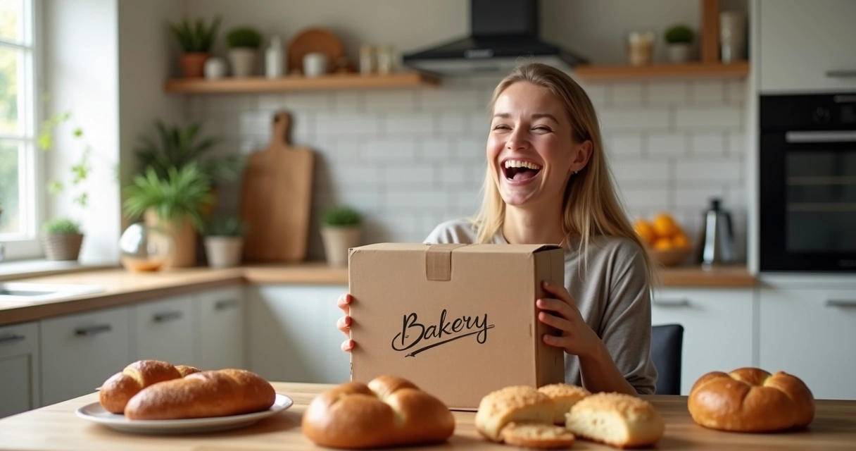 Cliente feliz recebendo pedidos de padaria em casa
