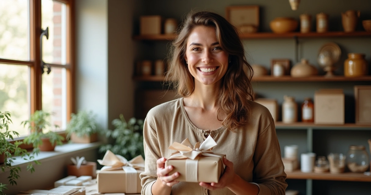 Mulher sorrindo segurando produtos artesanais com embalagem elegante 