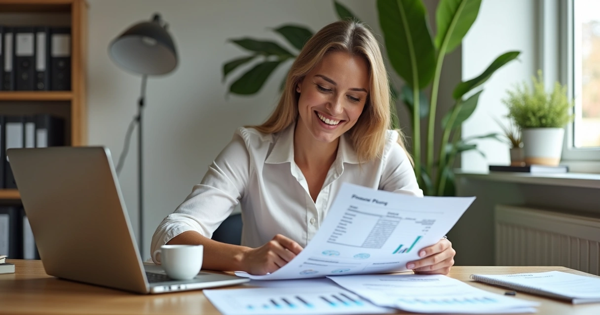 Mulher sorrindo enquanto revisa seu planejamento financeiro 