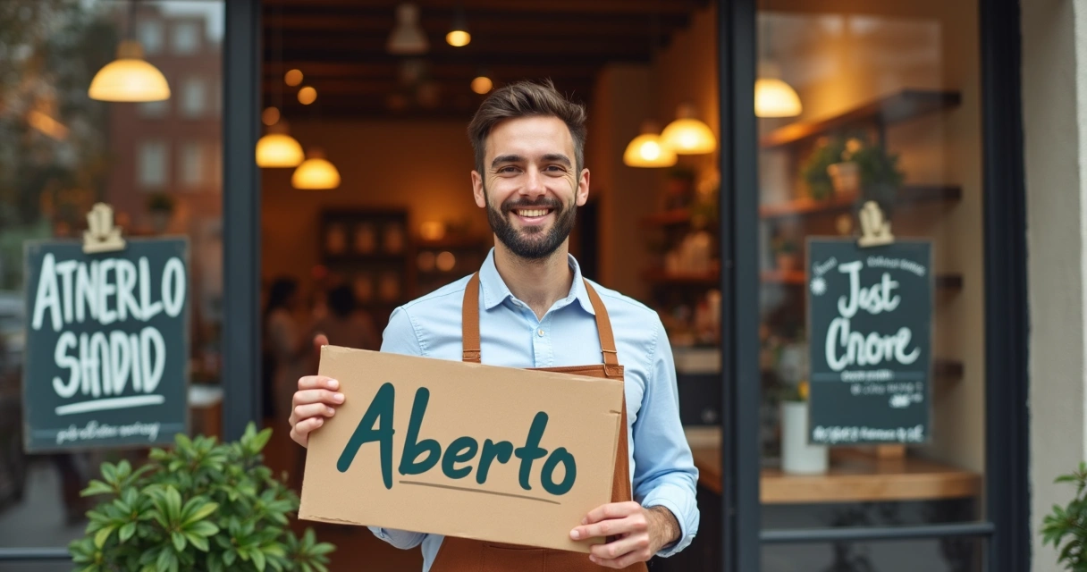 Pessoa sorrindo em frente a loja com placa de aberto