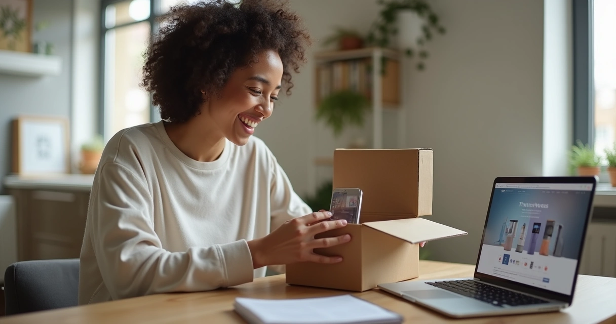 Cliente sorrindo recebe caixa com produto ao lado de notebook 
