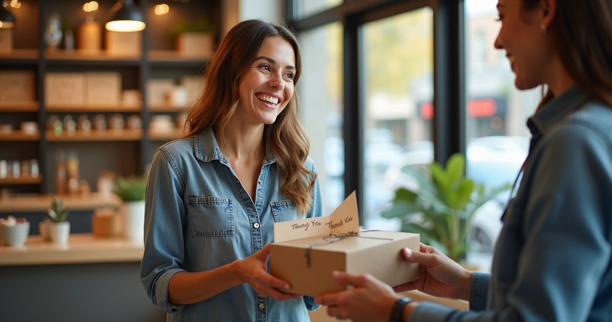 Cliente satisfeito segurando produto de pequeno negócio com detalhe de embalagem personalizada 