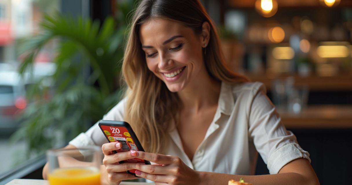 Cliente feliz recebendo promoção de delivery no celular