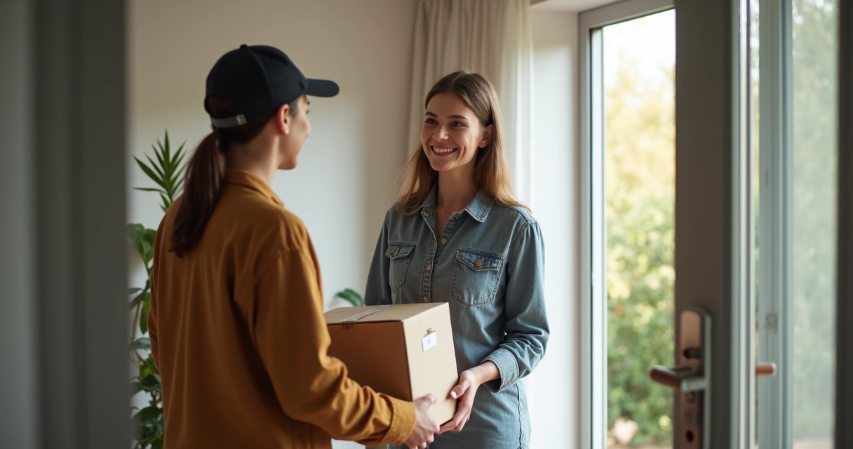 Pessoa recebendo encomenda de entrega expressa em casa