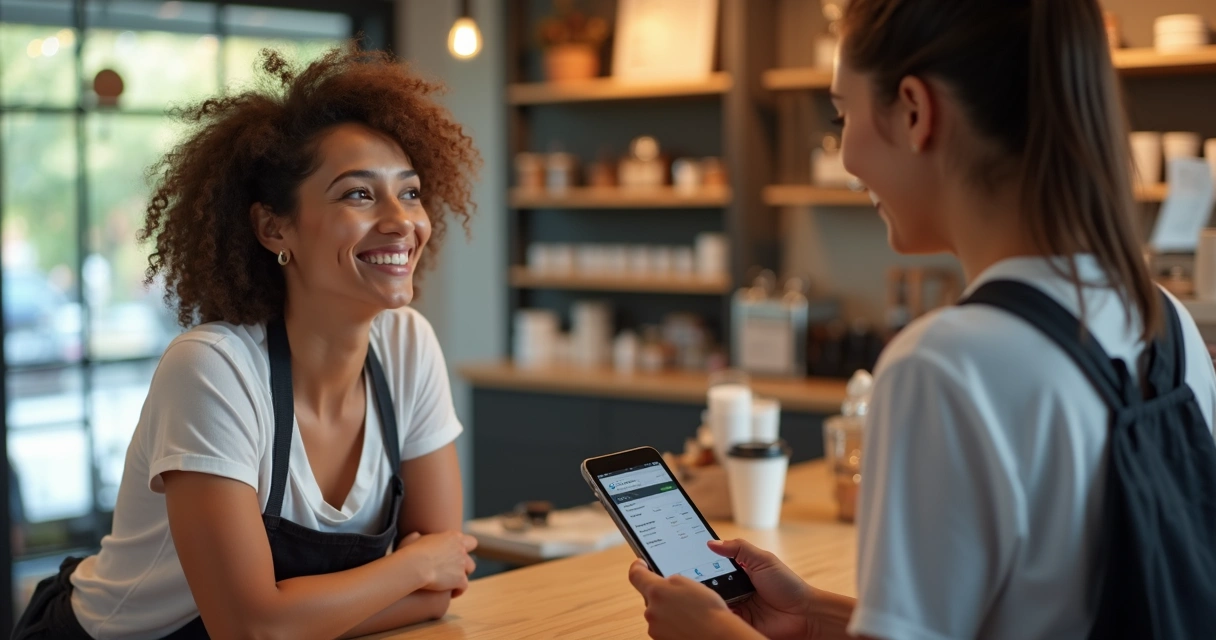 Mulher sorrindo recebendo recompensa no caixa 