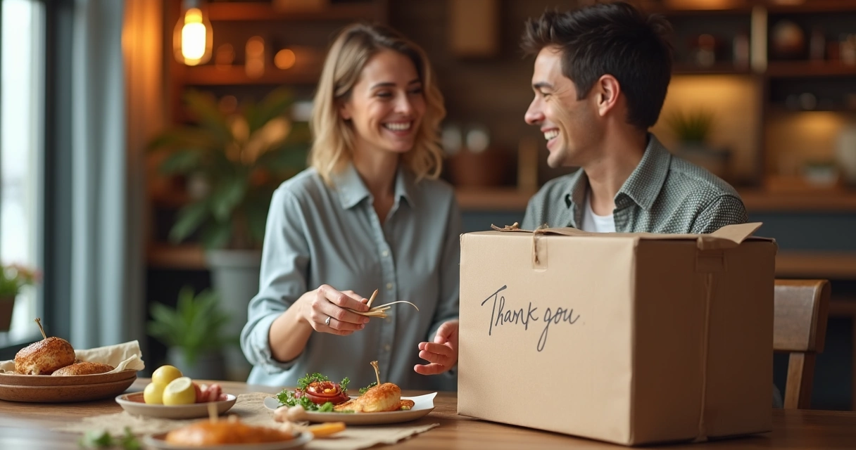 Cliente sorrindo ao receber entrega em restaurante digital