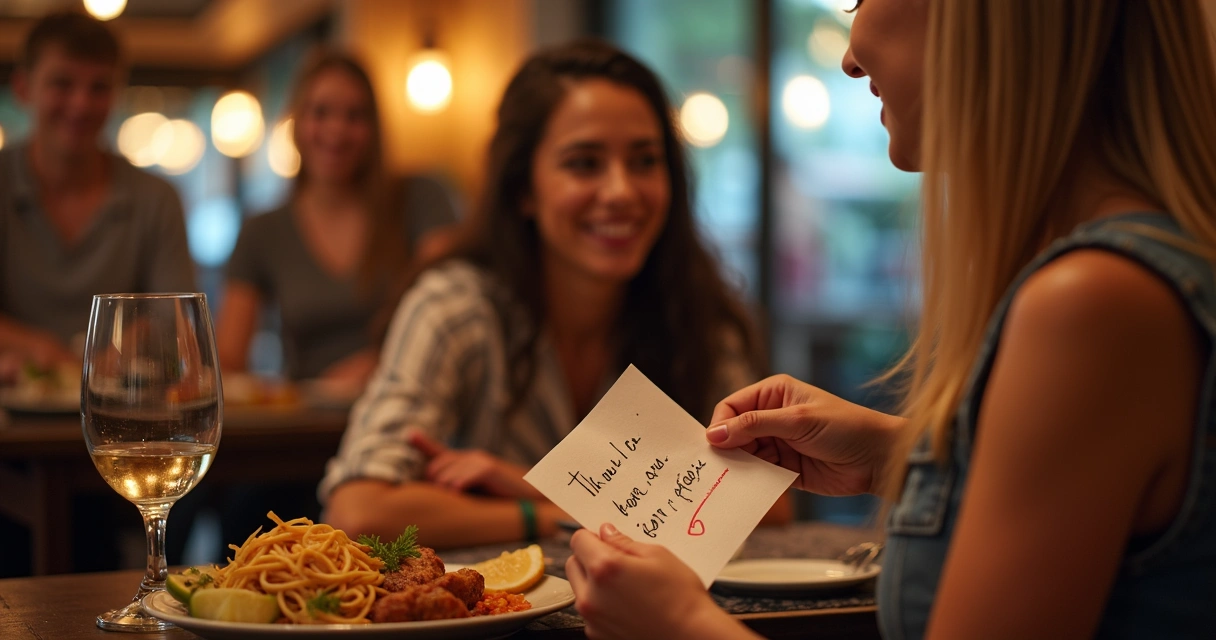 Cliente sorridente recebendo bilhete de agradecimento em restaurante brasileiro, ambiente acolhedor 