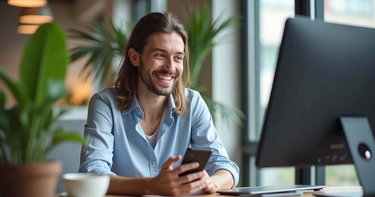Pessoa sorridente segurando smartphone em ambiente de trabalho 