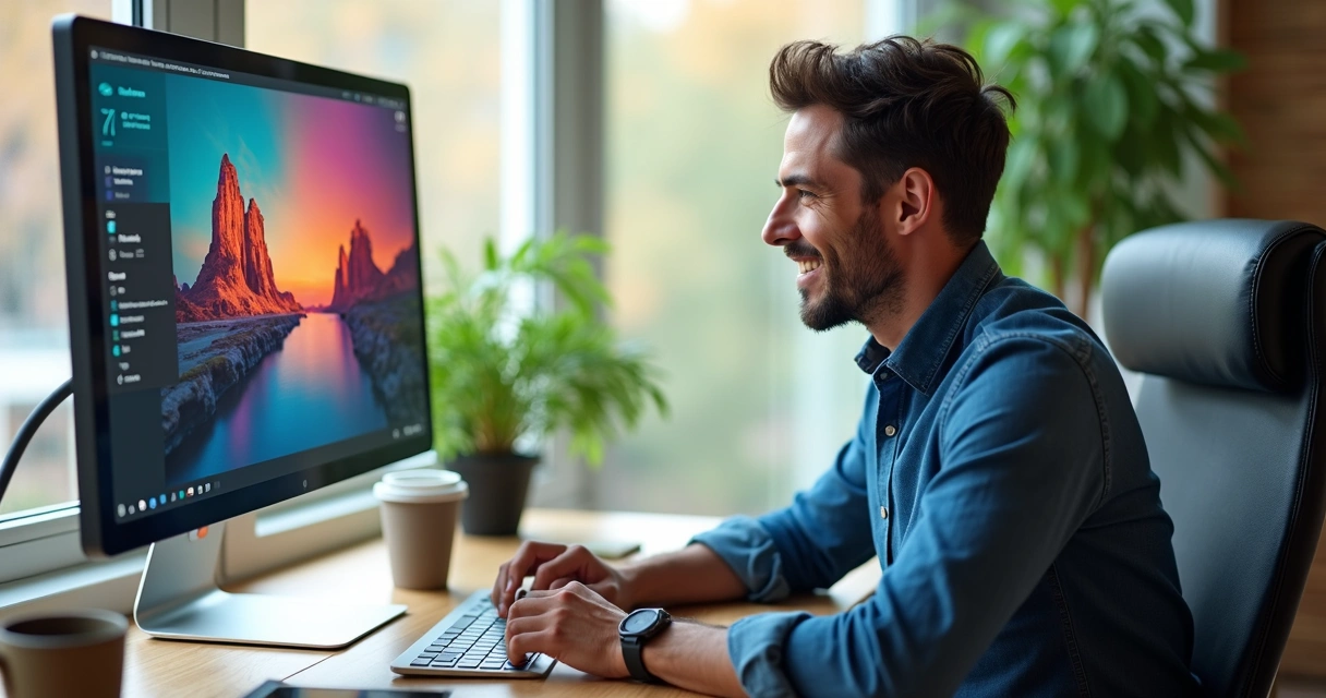 Cliente sorrindo ao ver site empresarial recém-lançado