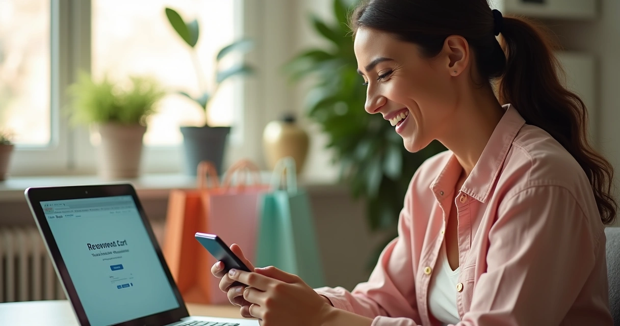 Cliente sorrindo ao receber SMS do e-commerce no celular 