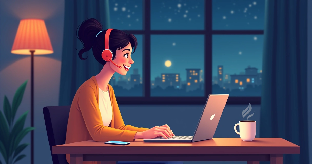 Cliente feliz usando notebook durante a noite. 