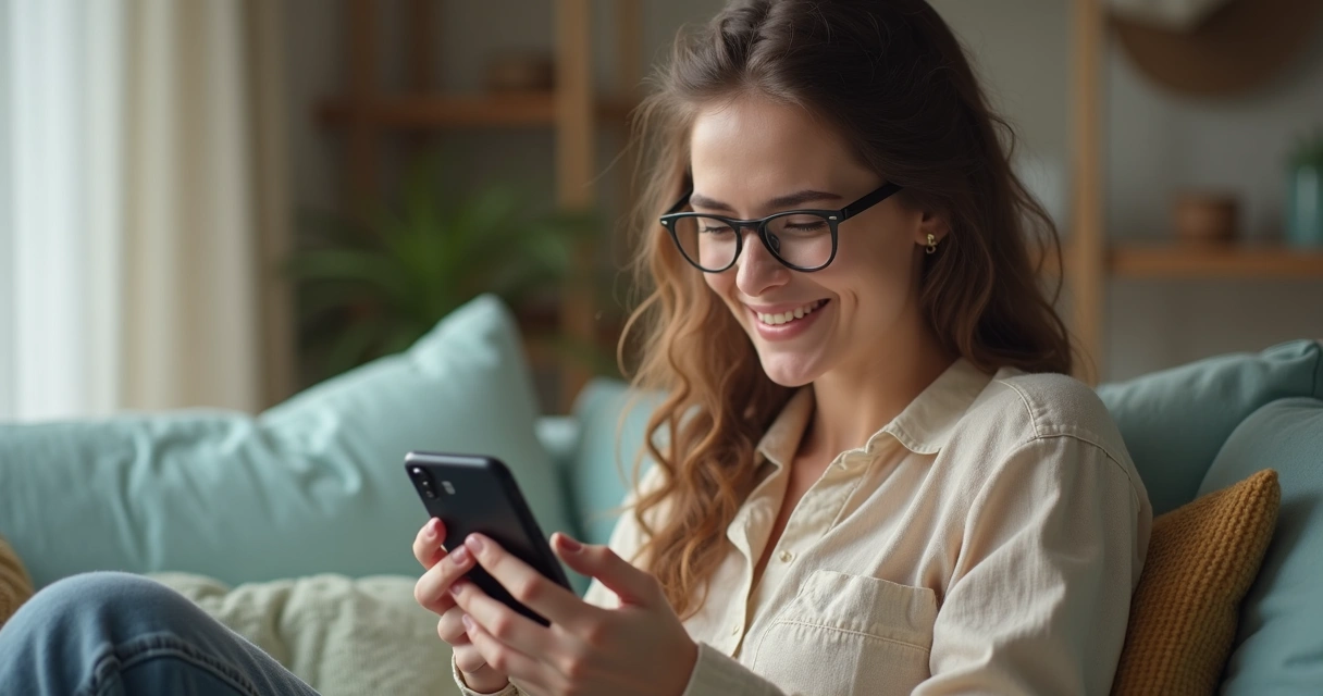 Cliente sorrindo usando WhatsApp para atendimento 