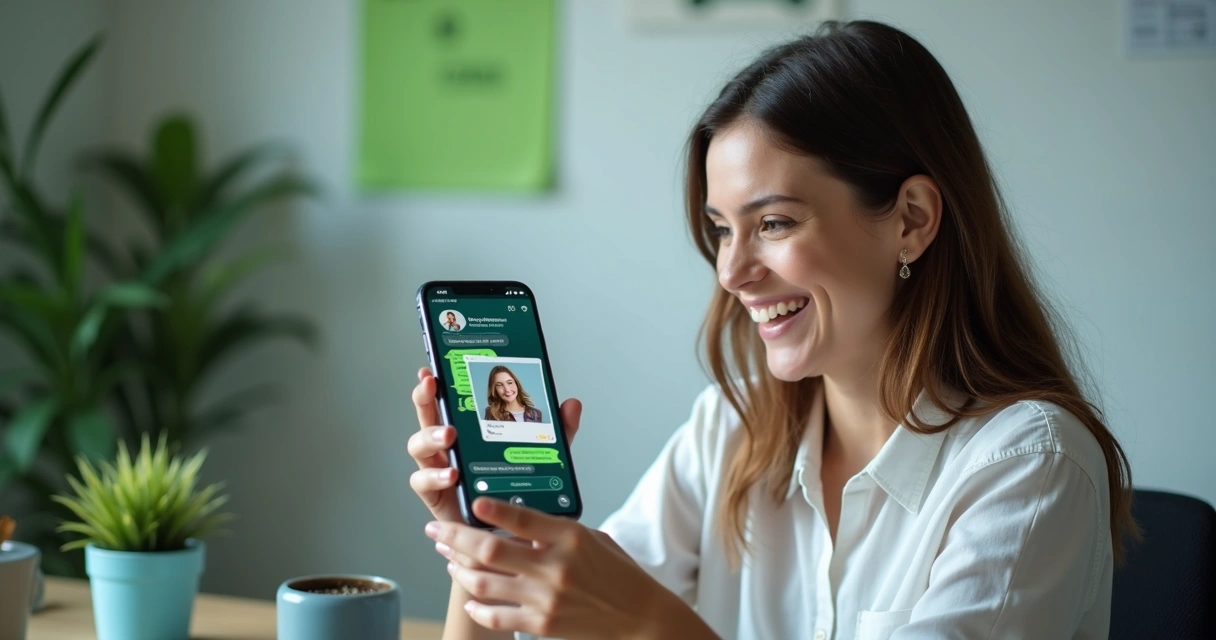 Cliente feliz usando WhatsApp com chatbot e reconhecimento de imagem 