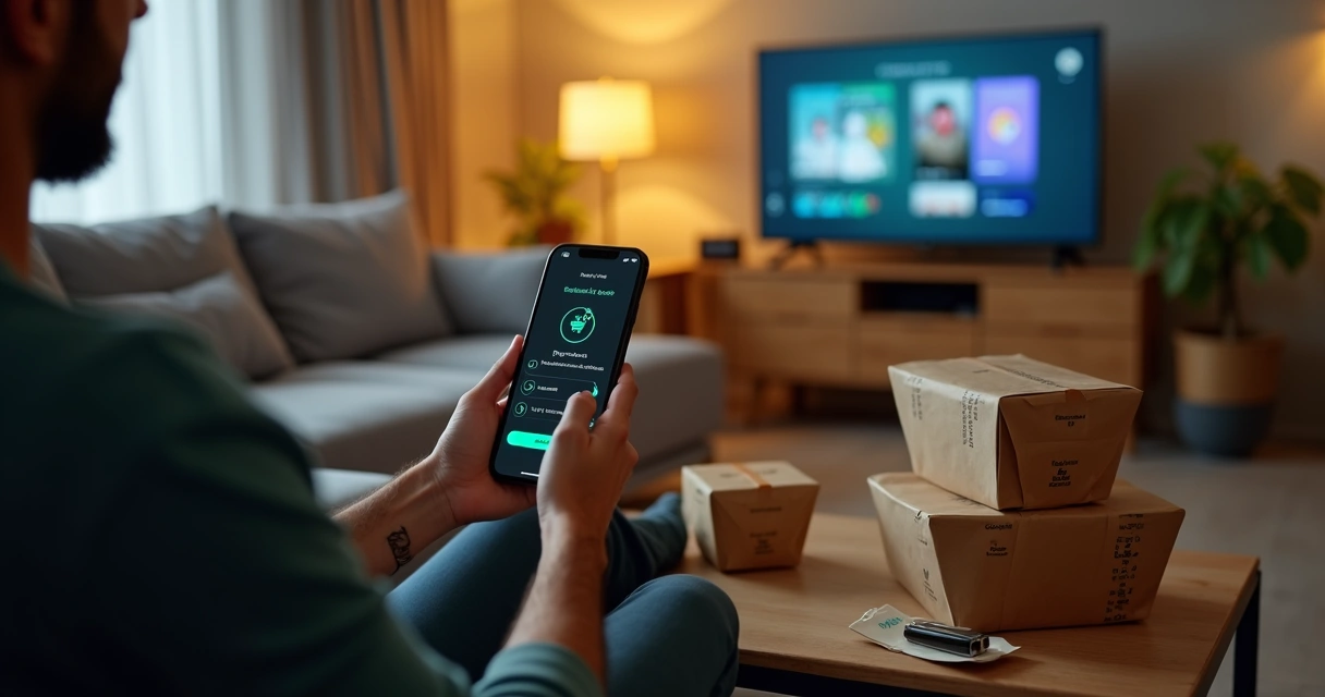 Cliente relaxa no sofá com várias embalagens de delivery e app aberto no celular 