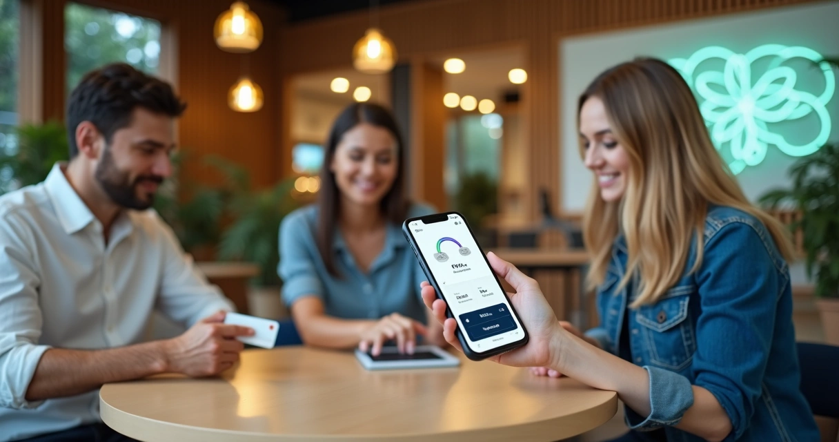 Cliente usando app de pagamentos de marca própria enquanto recebe atendimento em loja moderna 