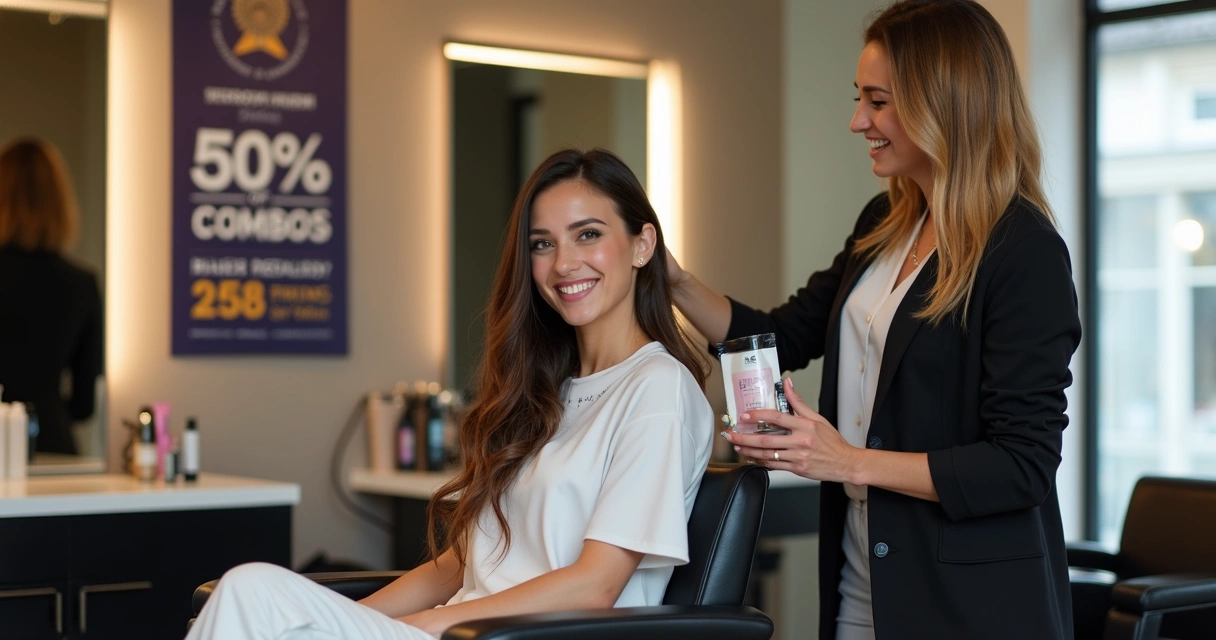 Cliente sorridente em salão de beleza após atendimento de venda cruzada 