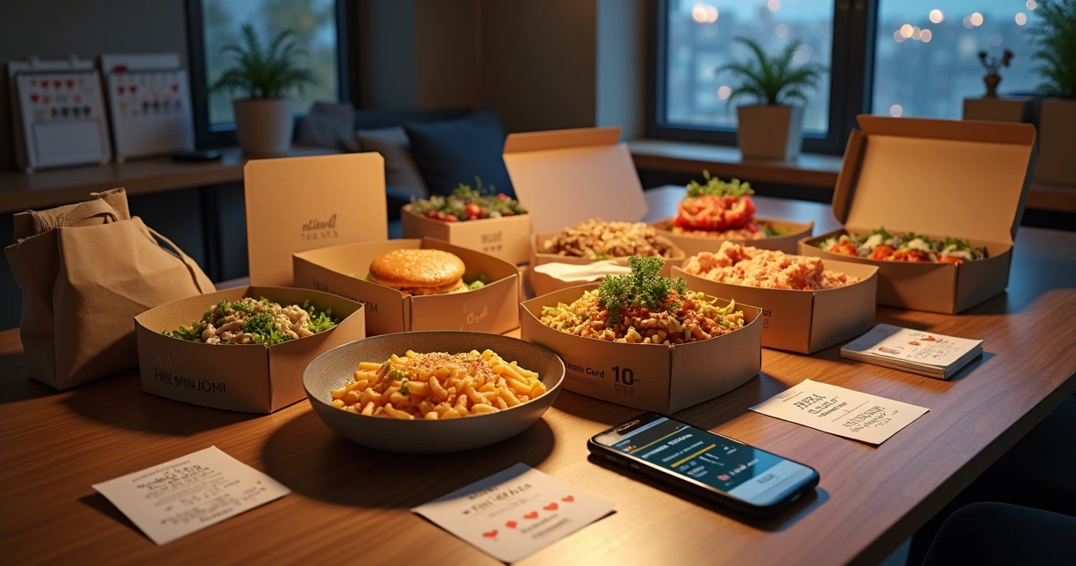 Cliente sentado em mesa com vários itens de delivery e embalagens com corações desenho 