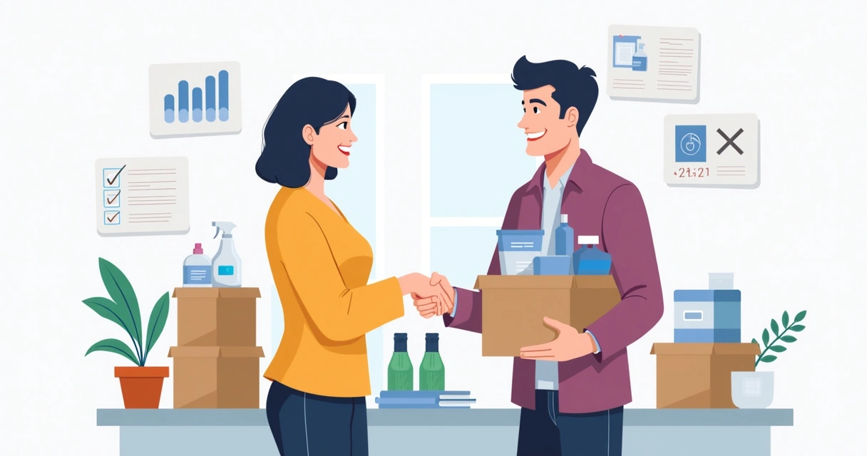 Distribuidor cumprimentando cliente feliz, caixa de limpeza ao lado