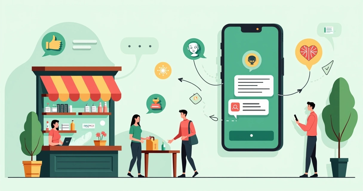 Ilustração de pequena loja mantendo clientes fiéis com IA no WhatsApp 