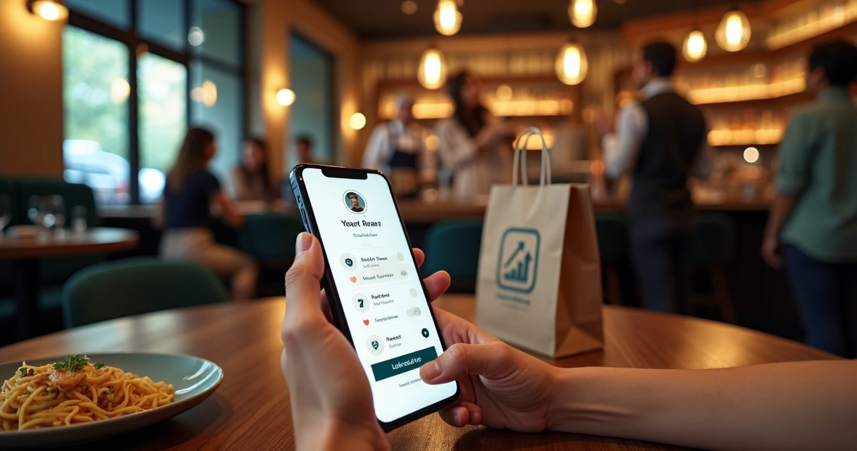 Cliente segurando smartphone com programa de fidelidade de restaurante online aberto 