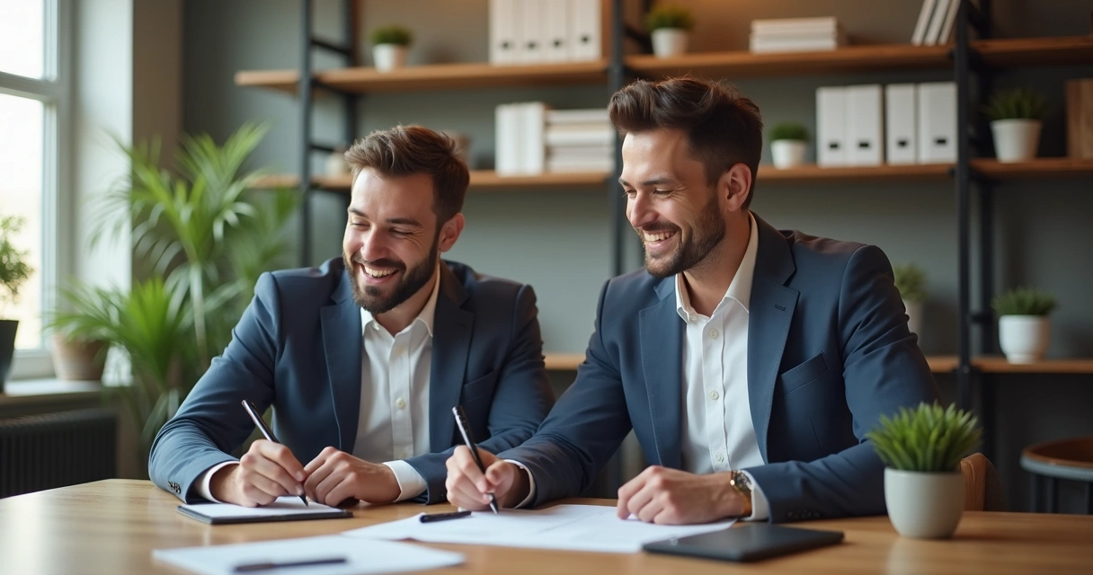 Cliente feliz conversando com consultor em ambiente de escritório