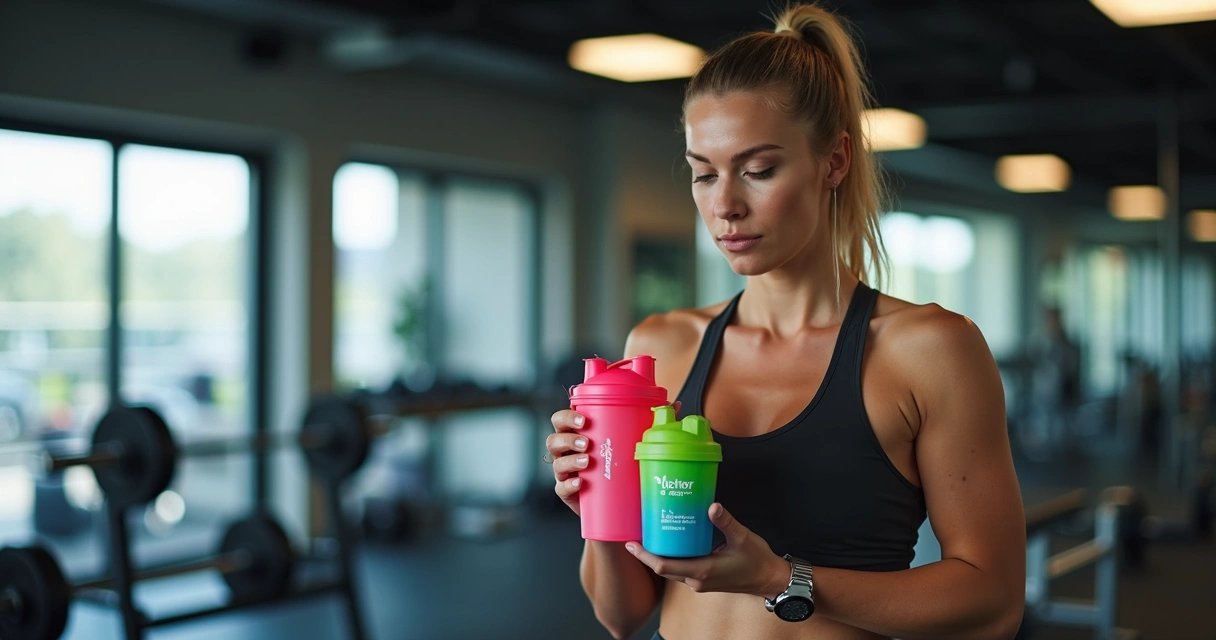 Cliente fitness segurando coqueteleira personalizada durante treino 